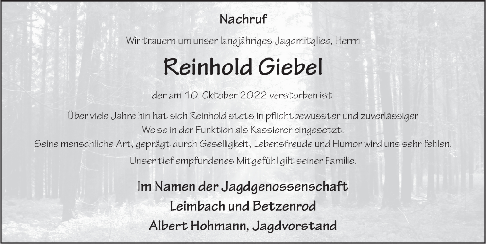  Traueranzeige für Reinhold Giebel vom 14.10.2022 aus FZ