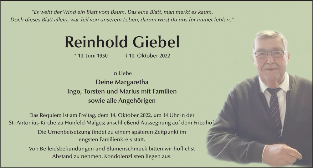  Traueranzeige für Reinhold Giebel vom 12.10.2022 aus FZ