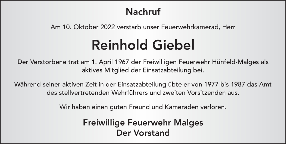  Traueranzeige für Reinhold Giebel vom 14.10.2022 aus FZ