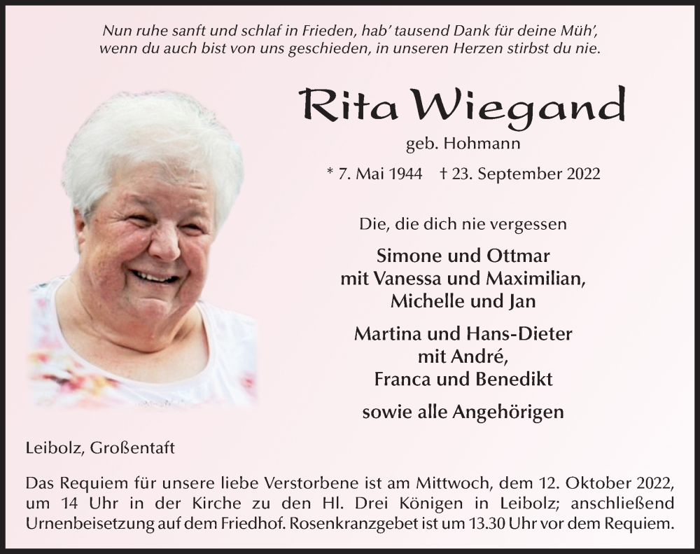  Traueranzeige für Rita Wiegand vom 08.10.2022 aus FZ