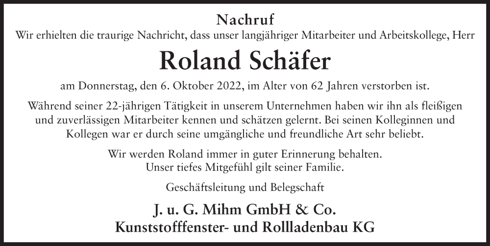  Traueranzeige für Roland Schäfer vom 22.10.2022 aus FZ