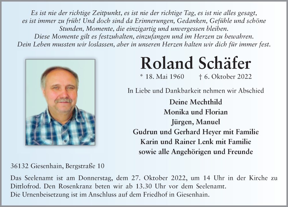  Traueranzeige für Roland Schäfer vom 22.10.2022 aus FZ