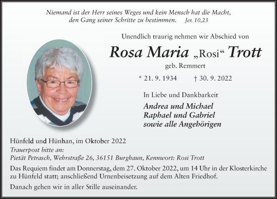 Traueranzeige von Rosa Maria Trott von FZ