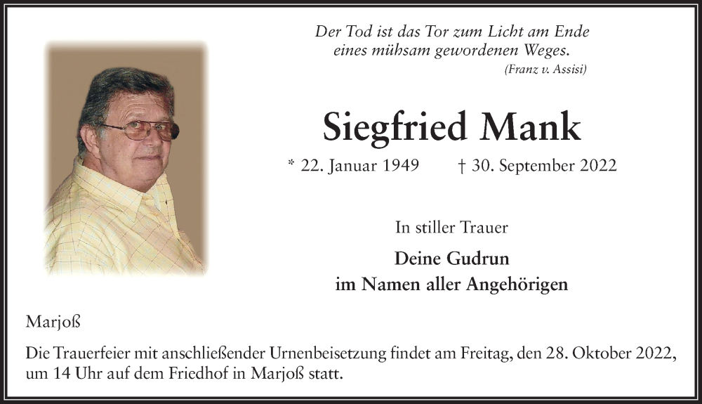  Traueranzeige für Siegfried Mank vom 24.10.2022 aus FZ