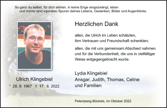 Traueranzeige von Ulrich Klingebiel von FZ