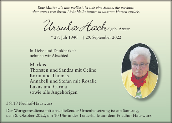 Traueranzeige von Ursula Hack von FZ