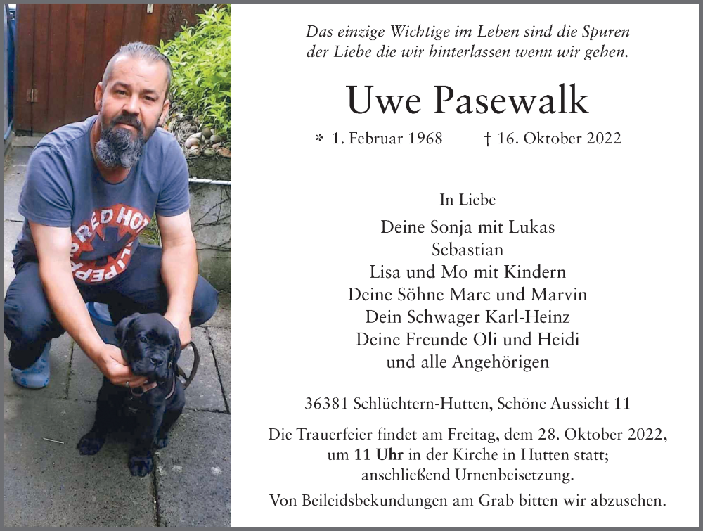  Traueranzeige für Uwe Pasewalk vom 27.10.2022 aus FZ
