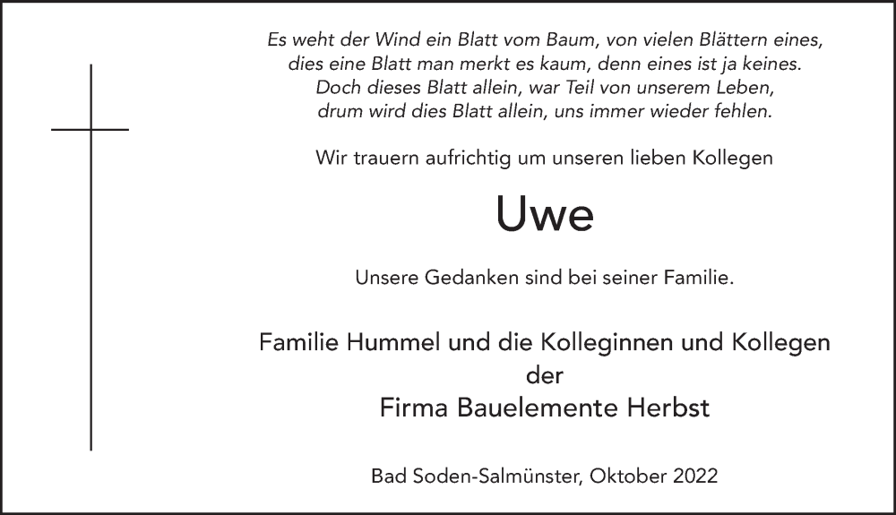  Traueranzeige für Uwe Pasewalk vom 27.10.2022 aus FZ