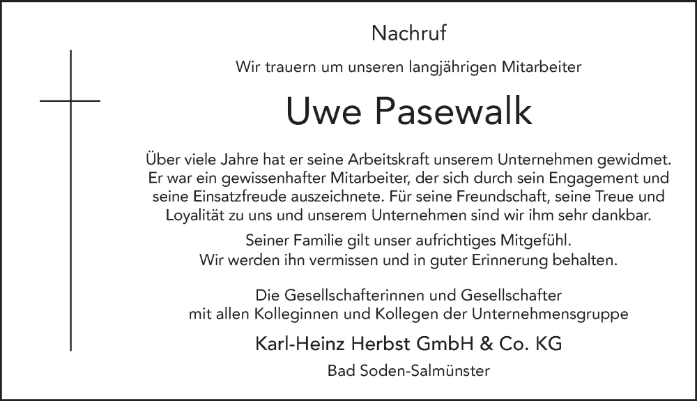 Traueranzeige für Uwe Pasewalk vom 27.10.2022 aus FZ