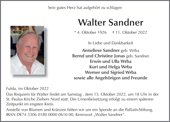 Traueranzeige von Walter Sandner von FZ