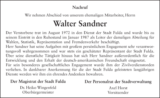Traueranzeige von Walter Sandner von FZ