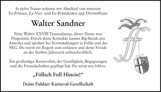 Traueranzeige von Walter Sandner von FZ