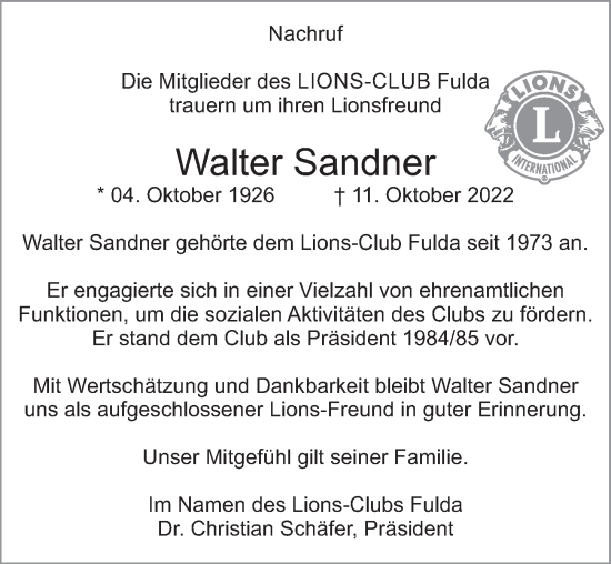 Traueranzeige von Walter Sandner von FZ
