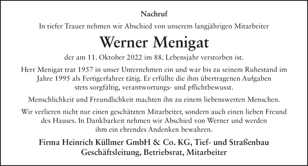  Traueranzeige für Werner Menigat vom 25.10.2022 aus FZ