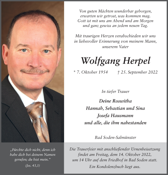 Traueranzeige von Wolfgang Herpel von FZ