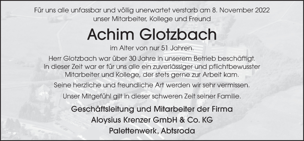  Traueranzeige für Achim Glotzbach vom 17.11.2022 aus FZ