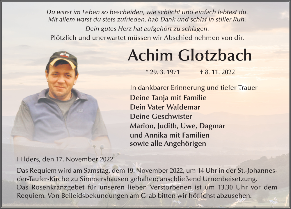  Traueranzeige für Achim Glotzbach vom 17.11.2022 aus FZ