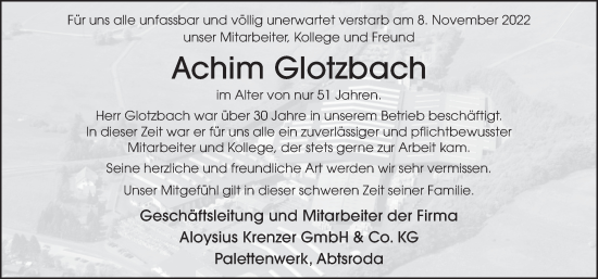 Traueranzeige von Achim Glotzbach von FZ