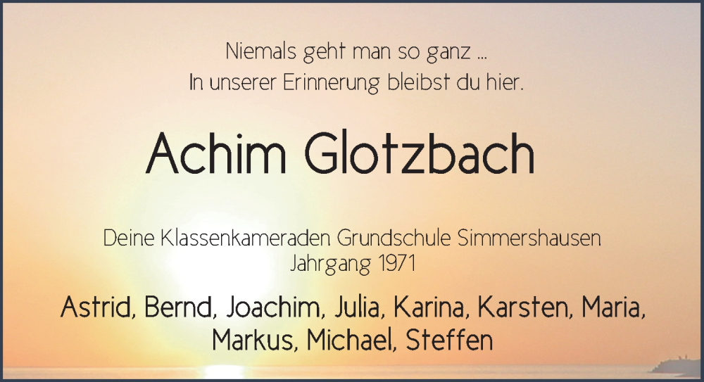  Traueranzeige für Achim Glotzbach vom 17.11.2022 aus FZ