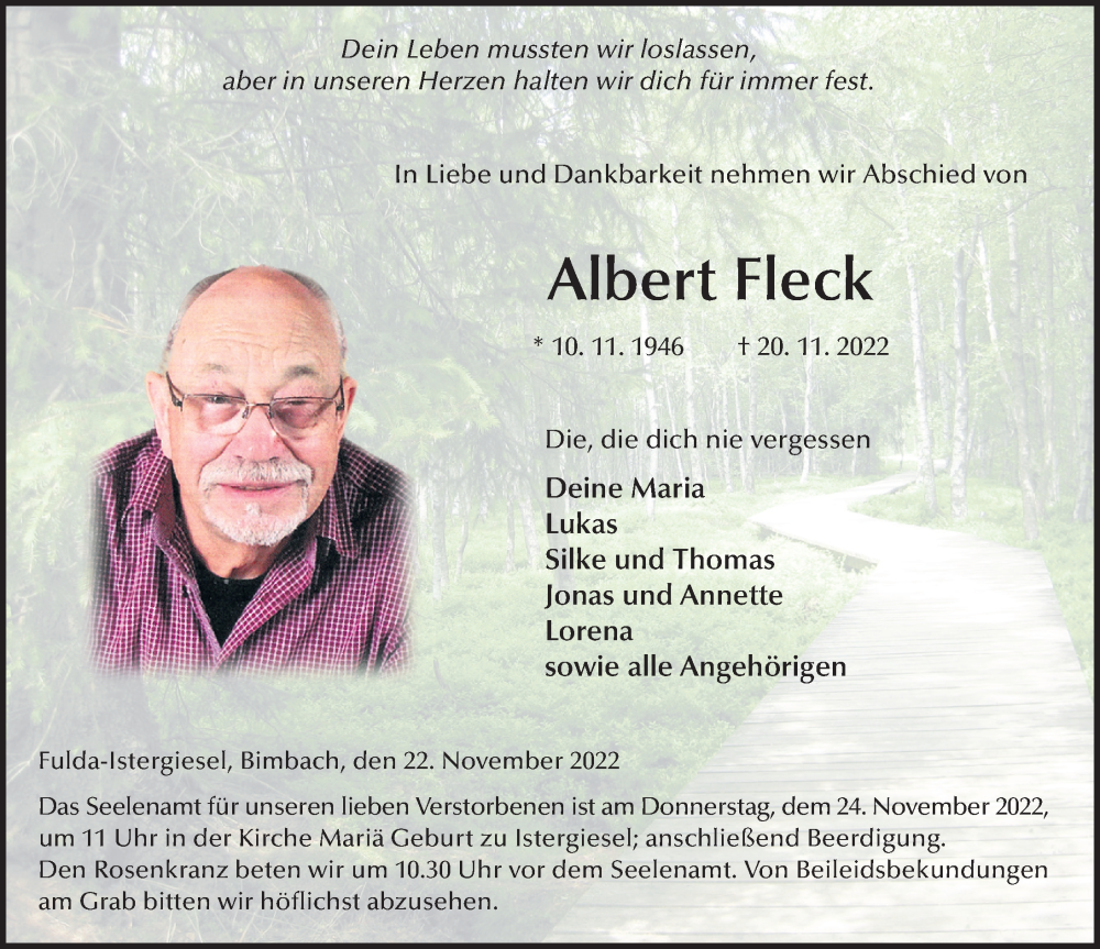  Traueranzeige für Albert Fleck vom 22.11.2022 aus FZ