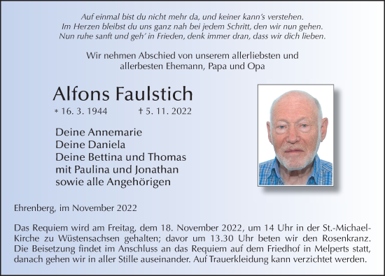 Traueranzeige von Alfons Faulstich von FZ