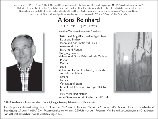 Traueranzeige von Alfons Reinhard von FZ