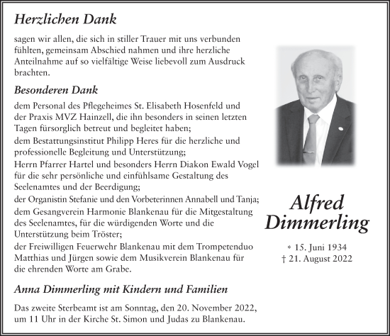 Traueranzeige von Alfred Dimmerling von FZ