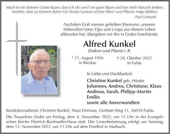 Traueranzeige von Alfred Kunkel