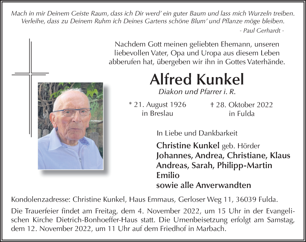  Traueranzeige für Alfred Kunkel vom 02.11.2022 aus FZ