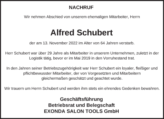 Traueranzeige von Alfred Schubert von FZ