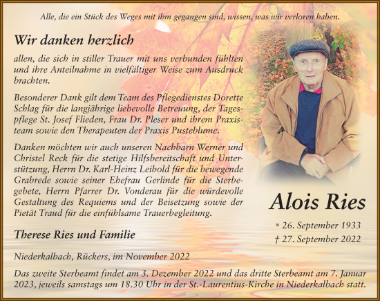 Traueranzeige von Alois Ries von FZ