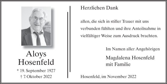 Traueranzeige von Aloys Hosenfeld von FZ