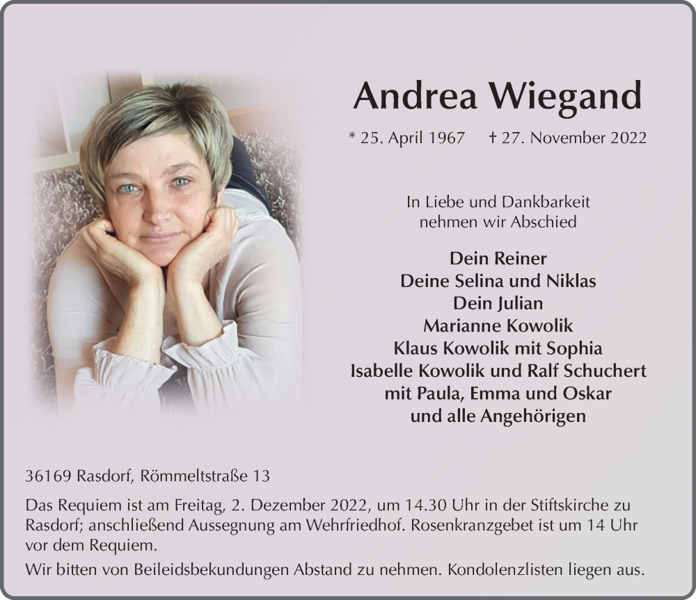  Traueranzeige für Andrea Wiegand vom 30.11.2022 aus FZ