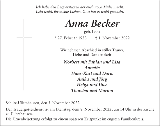 Traueranzeige von Anna Becker von FZ