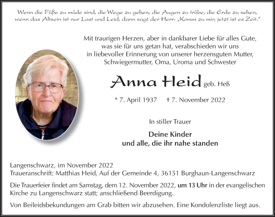 Traueranzeige von Anna Heid von FZ