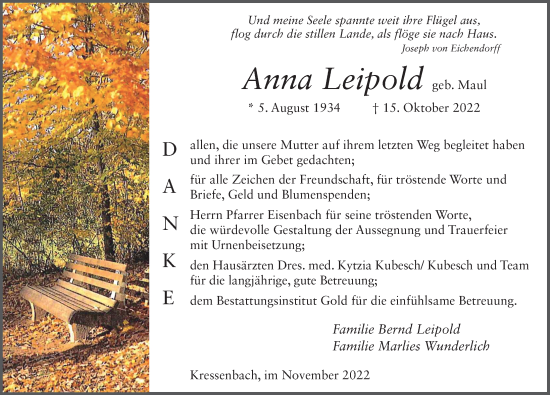 Traueranzeige von Anna Leipold von FZ