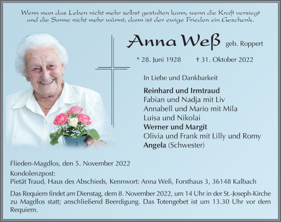 Traueranzeige von Anna Weß von FZ