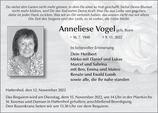Traueranzeige von Anneliese Vogel von FZ