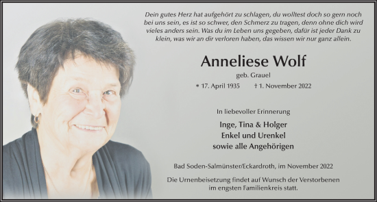 Traueranzeige von Anneliese Wolf von FZ