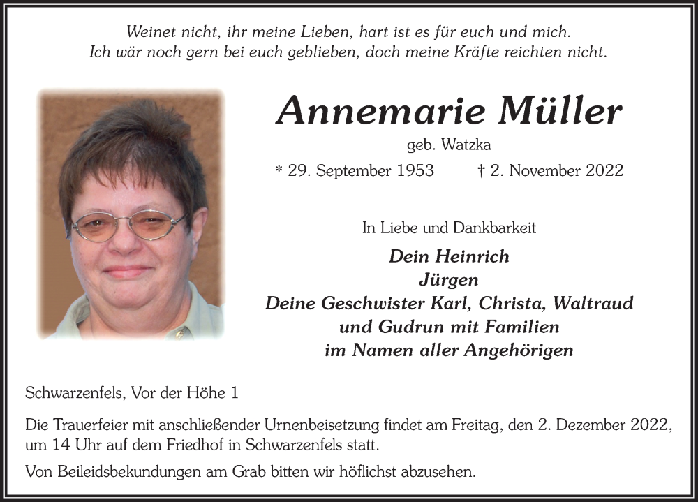  Traueranzeige für Annemarie Müller vom 24.11.2022 aus FZ