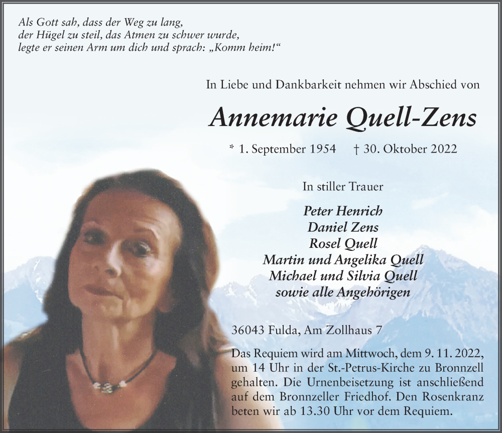  Traueranzeige für Annemarie Quell-Zens vom 05.11.2022 aus FZ