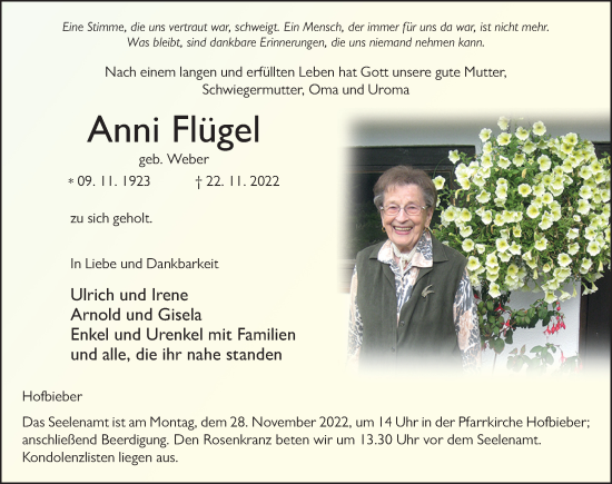 Traueranzeige von Anni Flügel von FZ