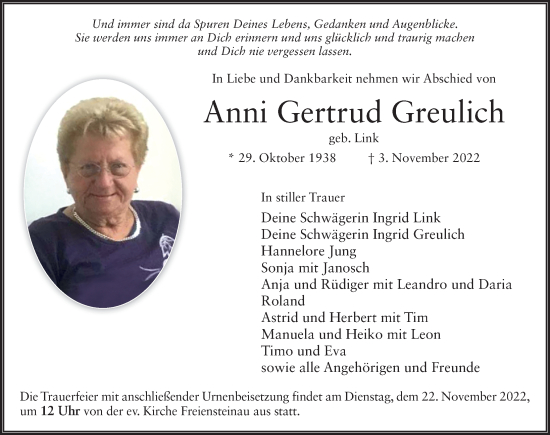 Traueranzeige von Anni Gertrud Greulich von FZ