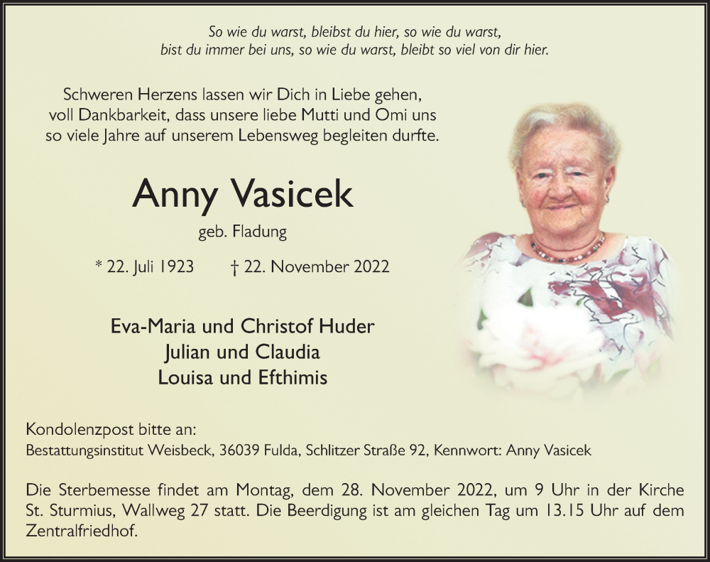  Traueranzeige für Anny Vasicek vom 25.11.2022 aus FZ
