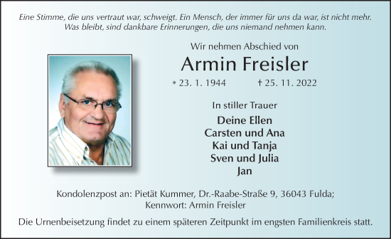 Traueranzeige von Armin Freisler von FZ