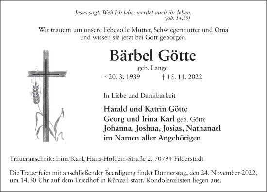 Traueranzeige von Bärbel Götte von FZ