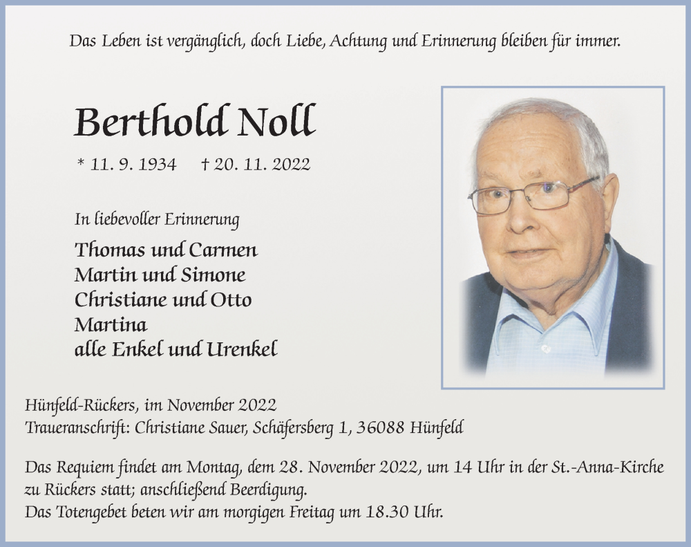  Traueranzeige für Berthold Noll vom 24.11.2022 aus FZ