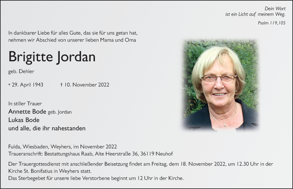  Traueranzeige für Brigitte Jordan vom 15.11.2022 aus FZ