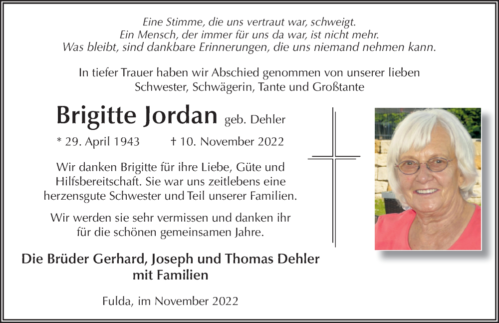  Traueranzeige für Brigitte Jordan vom 22.11.2022 aus FZ