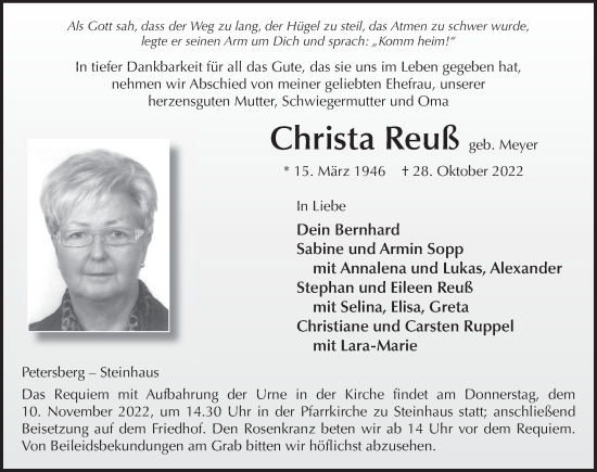 Traueranzeige von Christa Reuß von FZ